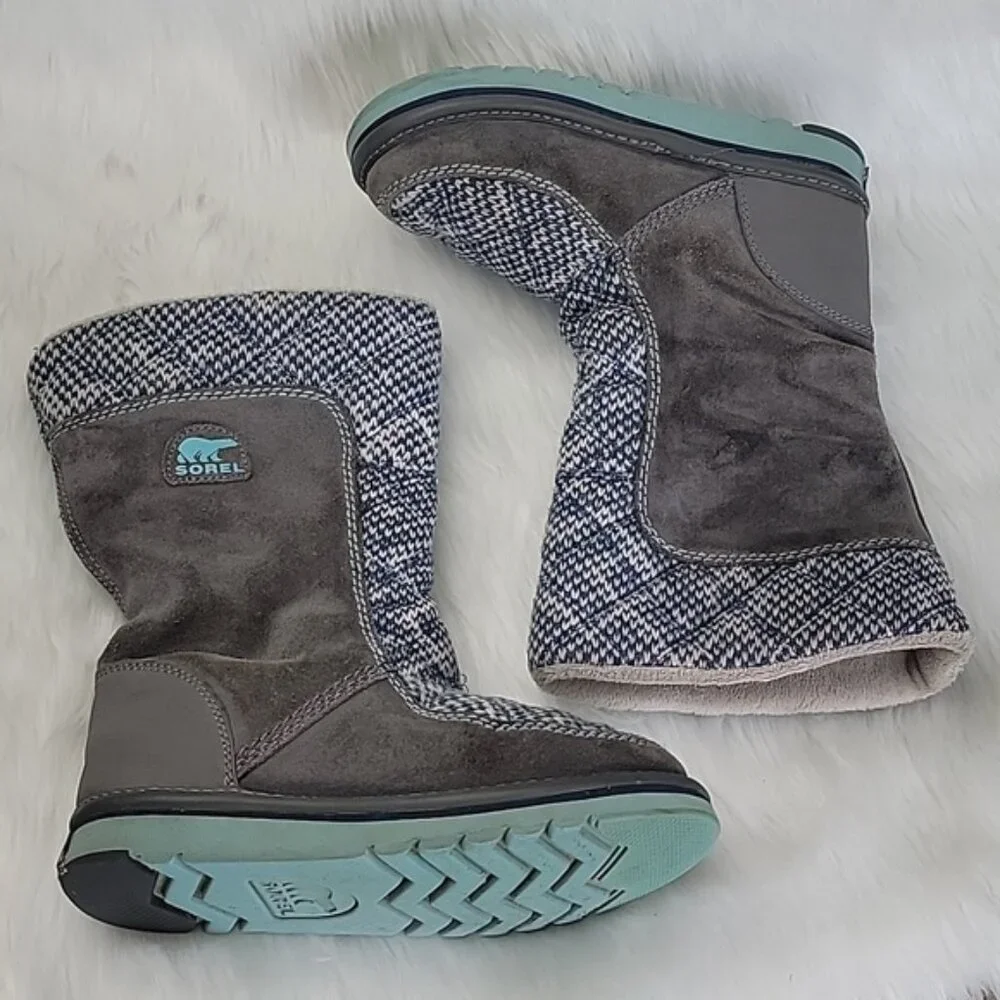 SOREL Blue White Knit Gray Suede Girl's Pull On Mid Calf‎ Winter Boho Boots 2